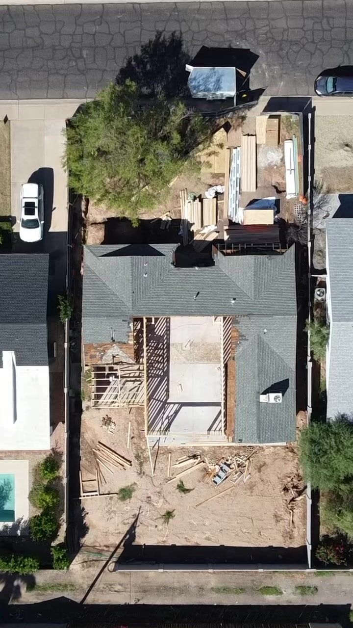 Overhead aerial view of the 5507 E Pinchot lot with the new framing underway