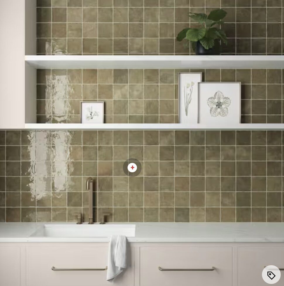 Reference photo of green glazed square tile used as a kitchen backsplash
