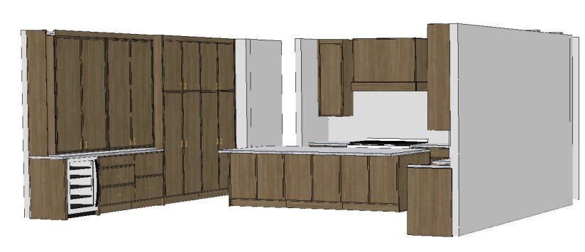 Second rendering of the 5507 E Pinchot kitchen layout showing the wine storage, tall cabinets, and island