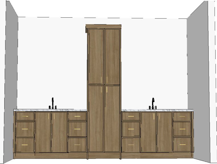 Rendering of the 5507 E Pinchot primary bath double vanity with a tall center linen cabinet